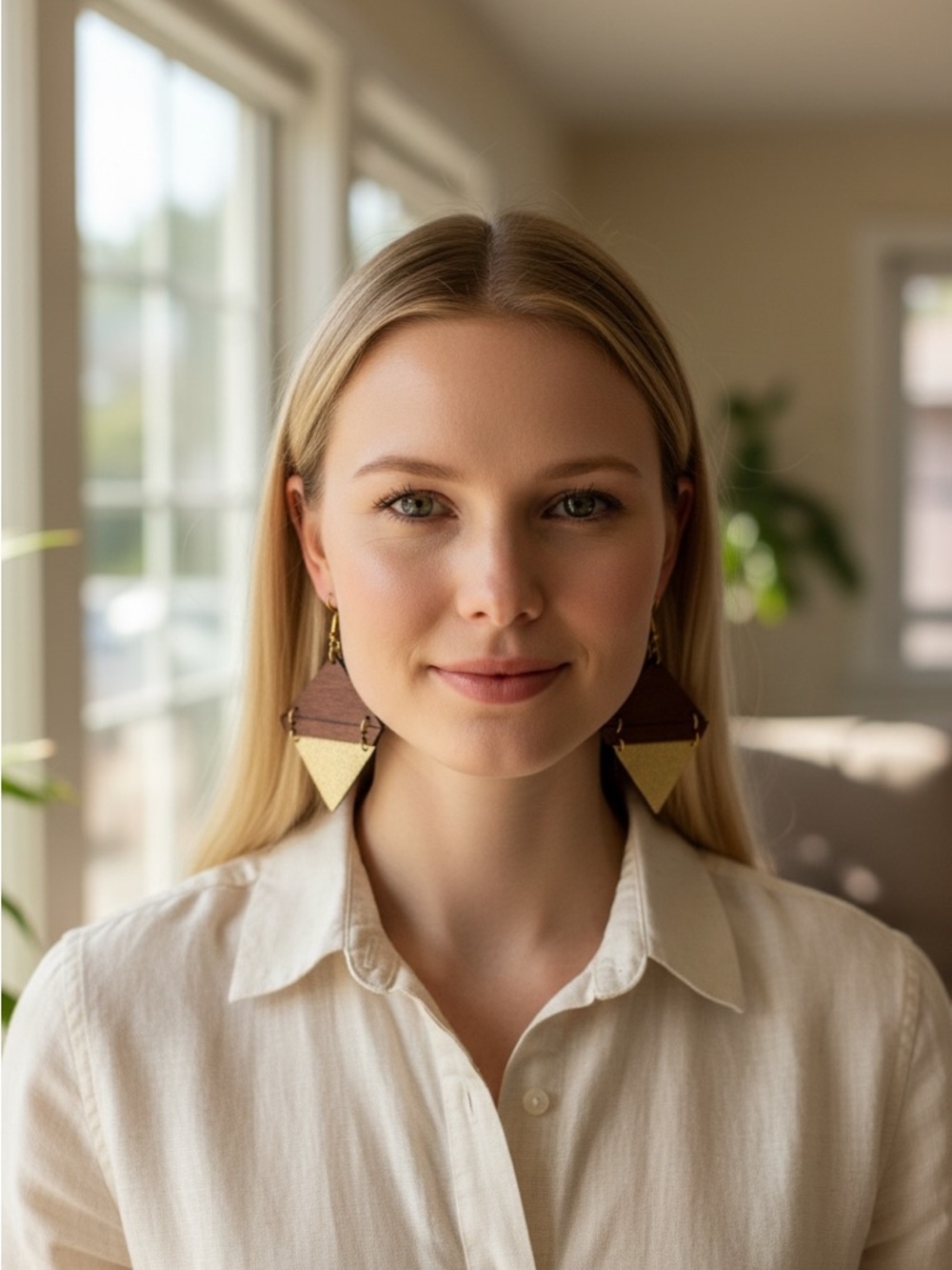 Gold & Brown Geometric Wood Drop Earrings - Picture 4 of 4